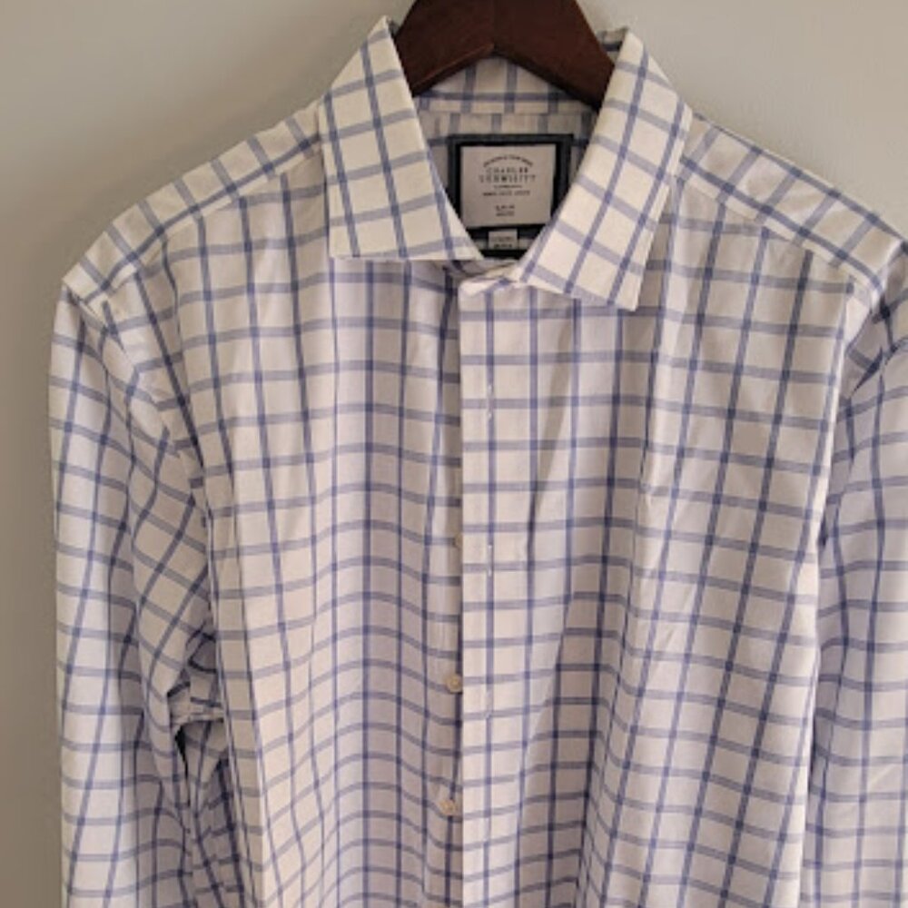 Men's Charles Tyrwhitt Dress Shirt, Long-sleeve, Size 17/36 Slim Fit, White/Blue